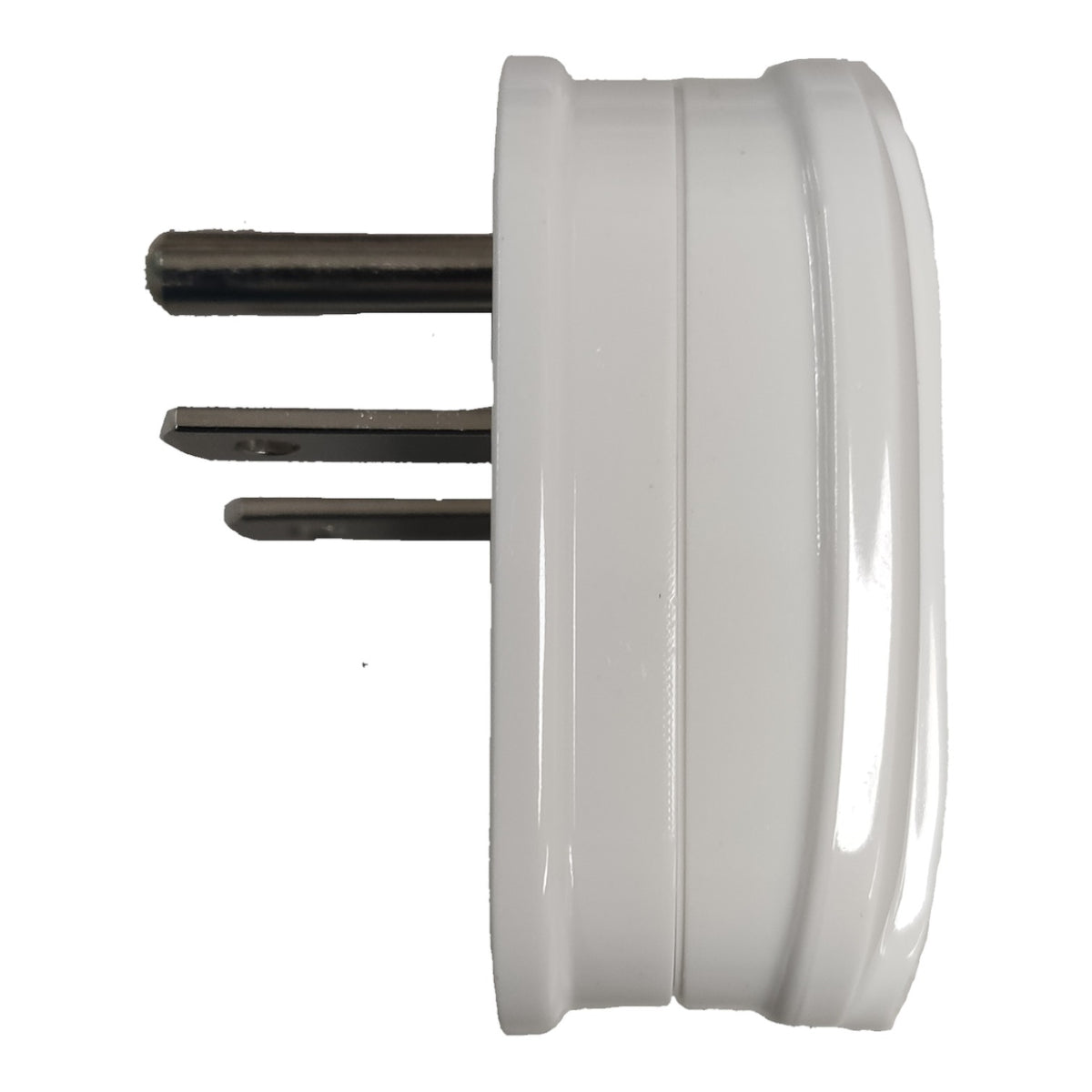 A white cylindrical electrical outlet adapter with three flat metal pins on the left side, shown against a plain white background.