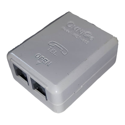 A white plastic RJ45 to RJ45 Ethernet switch module with two ports visible on one end, featuring embossed branding and port labels on a white background.