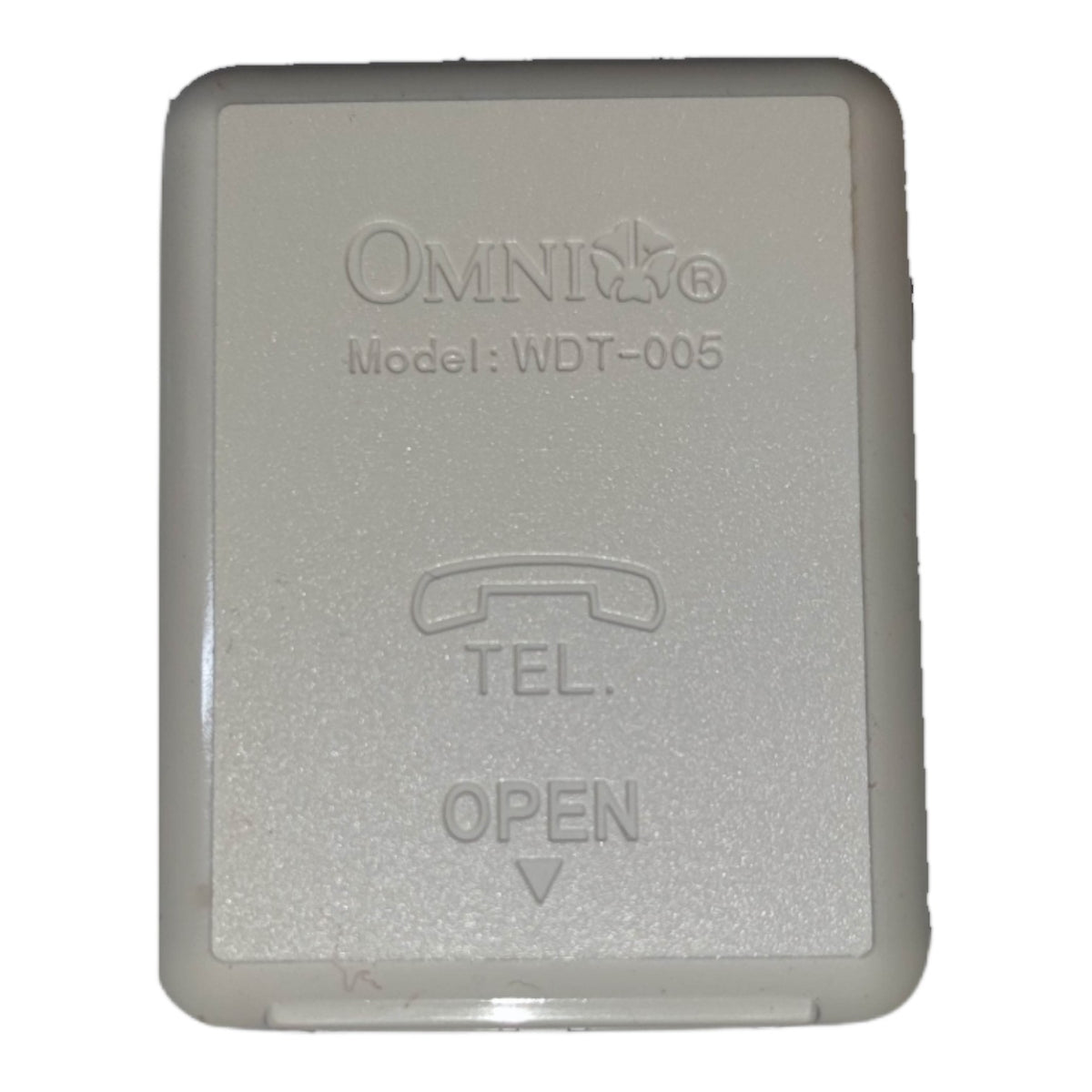 A square white plastic cover with rounded corners, embossed with the brand name 'OMNI' and model 'WDT-005', along with a telephone icon and the word 'TEL.' and 'OPEN'.