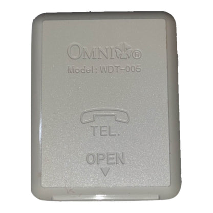 A square white plastic cover with rounded corners, embossed with the brand name 'OMNI' and model 'WDT-005', along with a telephone icon and the word 'TEL.' and 'OPEN'.