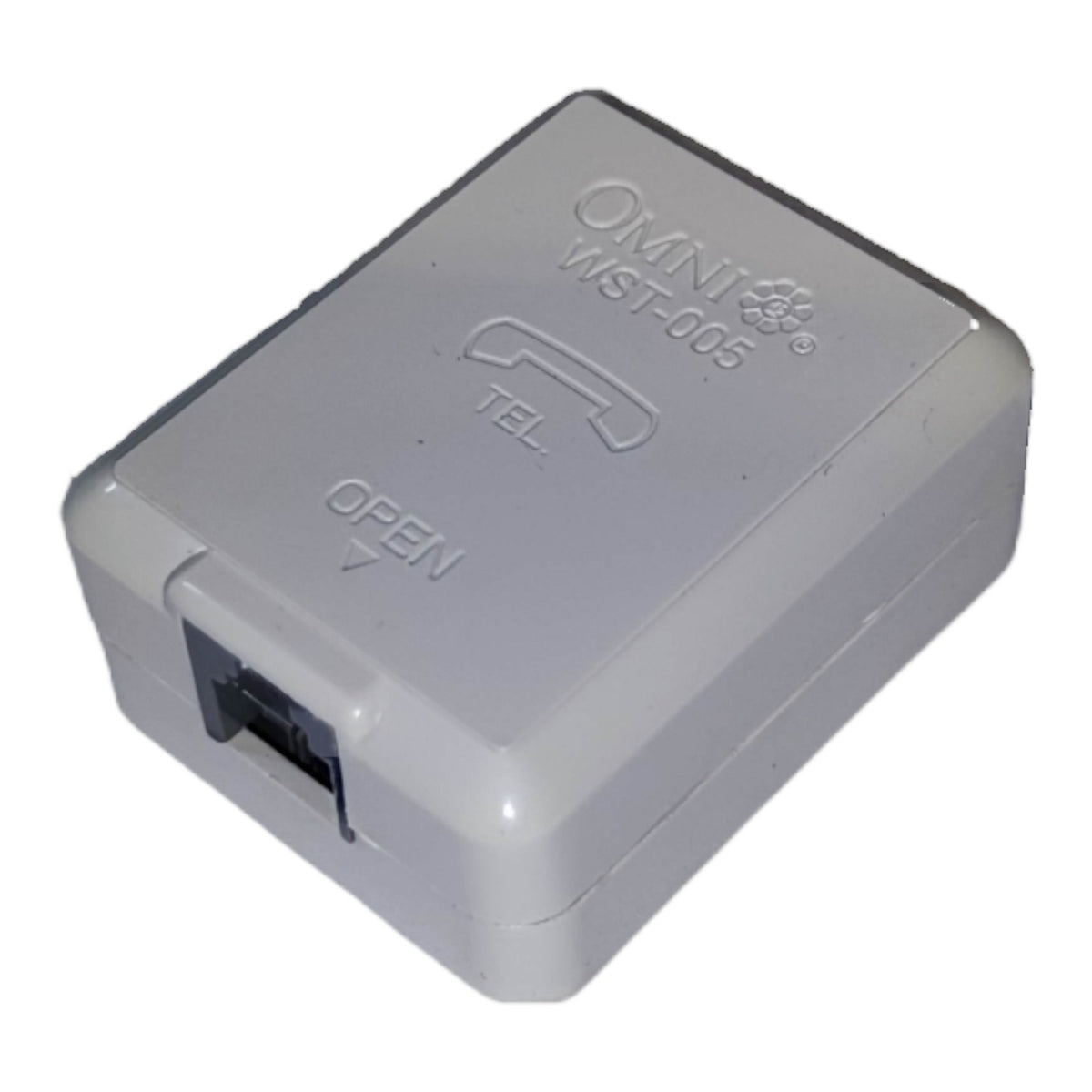 A gray plastic Omni WST-005 telephone adapter box with a RJ45 port, shown on a white background.