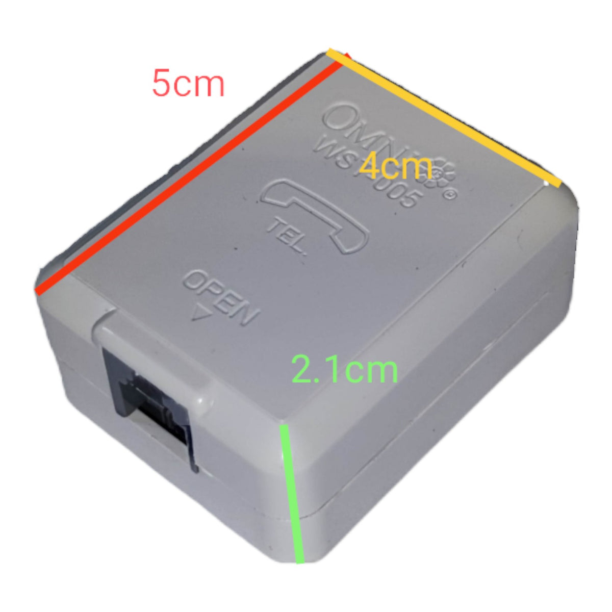 Gray plastic omnidirectional walkie-talkie transmitter with overlaid dimension markings showing 5cm, 4cm, and 2.1cm measurements on a white background.