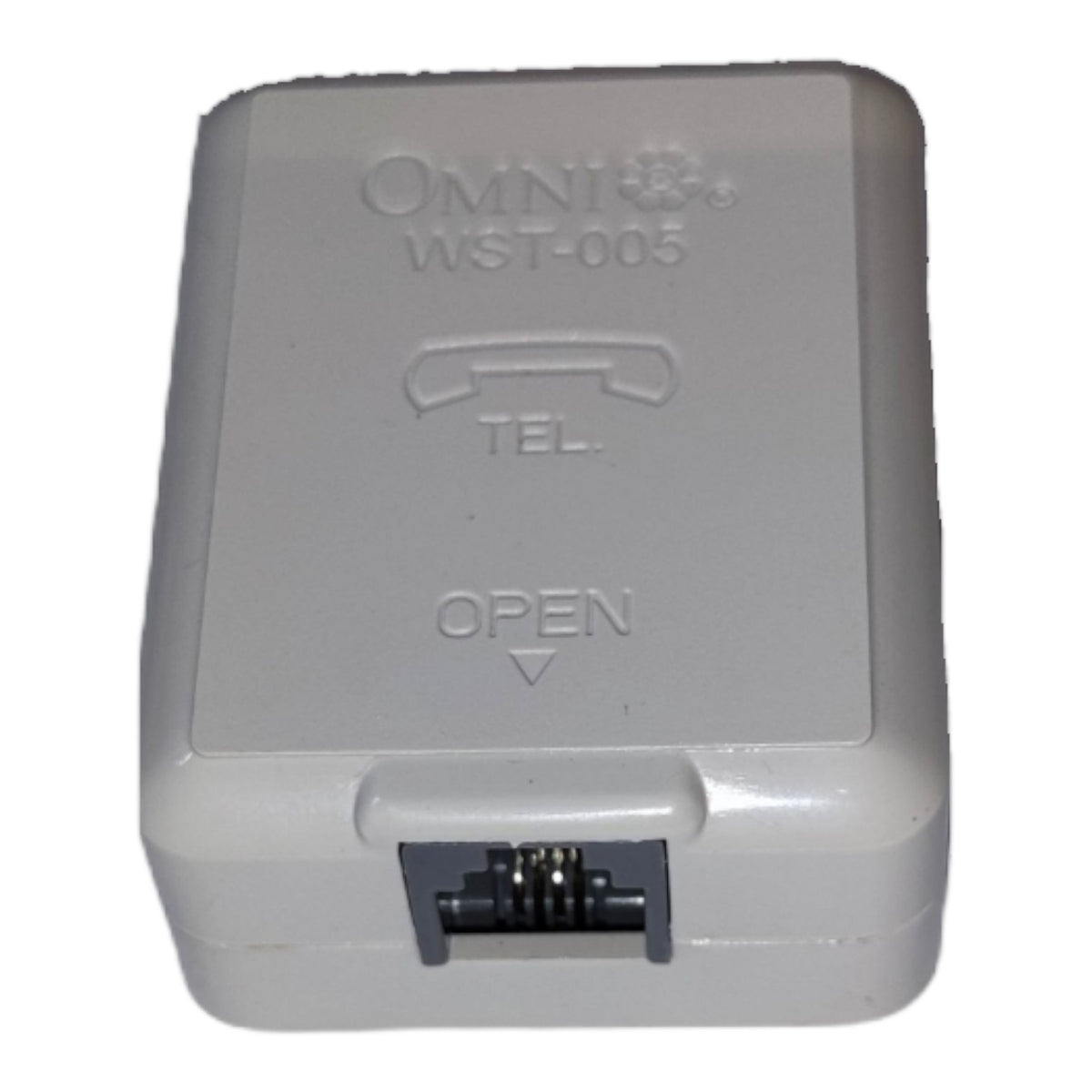 A white plastic Omni WST-005 telephone adapter block with a RJ45 connector port on the front, shown against a plain white background.