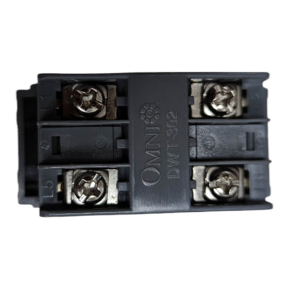A black plastic electrical terminal block connector with four screw terminals and silver metal contacts, featuring the brand name 'OMNI' and model 'DWT-302' printed on the center.