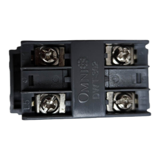A black plastic electrical terminal block connector with four screw terminals and silver metal contacts, featuring the brand name 'OMNI' and model 'DWT-302' printed on the center.