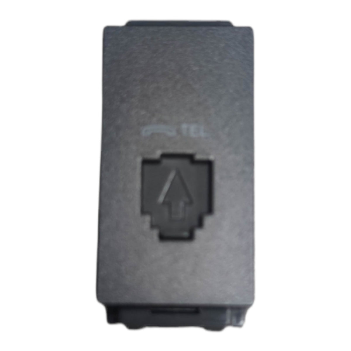 A black rectangular plastic RJ45 connector cover with a pixelated arrow symbol and a faint 'TEL' logo printed on the front, isolated on a white background.