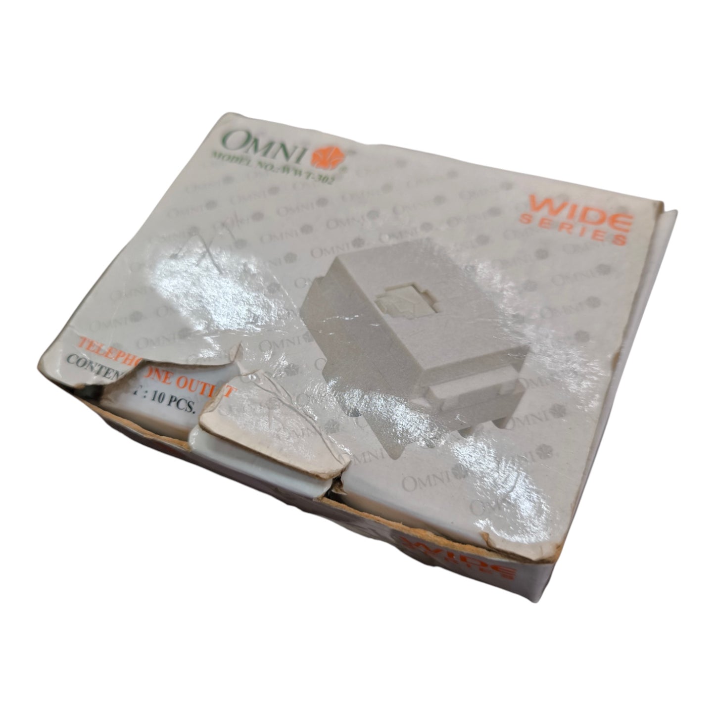 OMNI Wide Series telephone line output connector kit in its original cardboard packaging, sealed with protective plastic wrap. The box features the OMNI brand logo and orange text indicating 'WIDE SERIES' and 'TEL:LINE OUTPUT 2-10 PCS'.