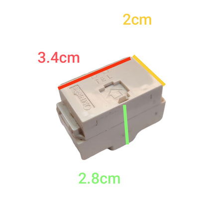 A small white plastic electrical connector or terminal block shown on a plain white background with colored measurement labels reading 2cm, 3.4cm, and 2.