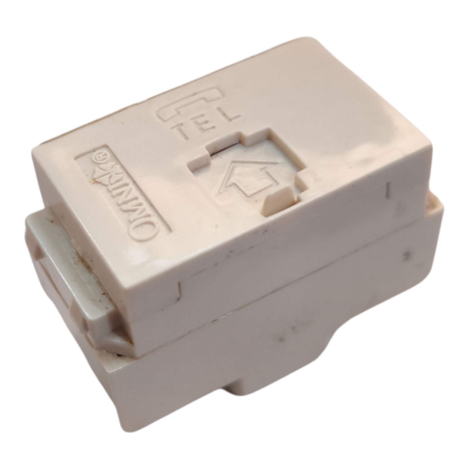 An off-white plastic wall switch module with embossed icons for telephone and home, on a solid white background.