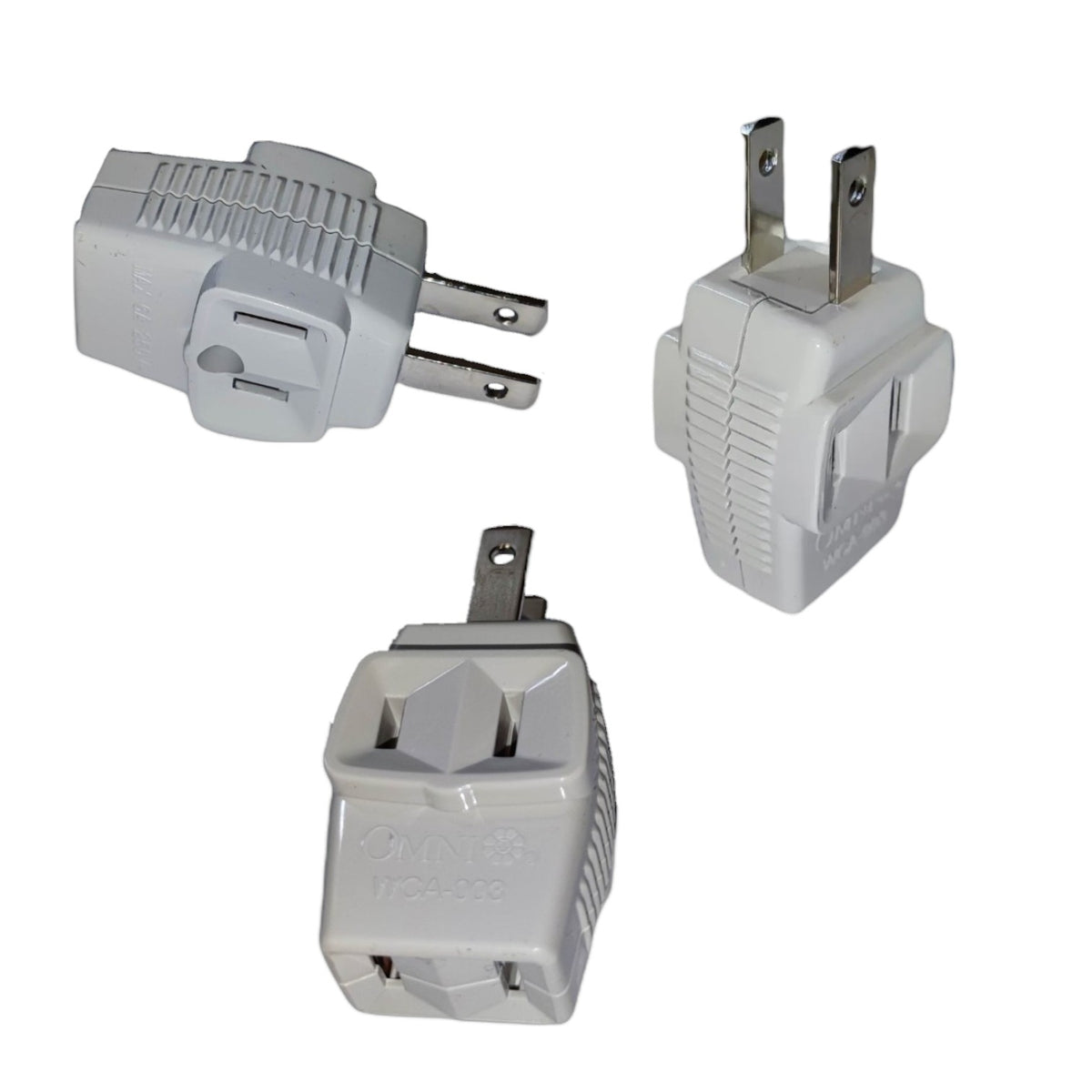 Three views of a white plastic US to UK two-pin plug adapter on a plain white background.