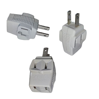 Three views of a white plastic US to UK two-pin plug adapter on a plain white background.