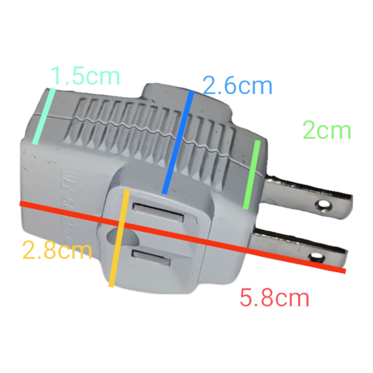 A gray plastic wall plug adapter shown on a white background with colored measurement lines and labels indicating dimensions such as 1.5cm, 2.