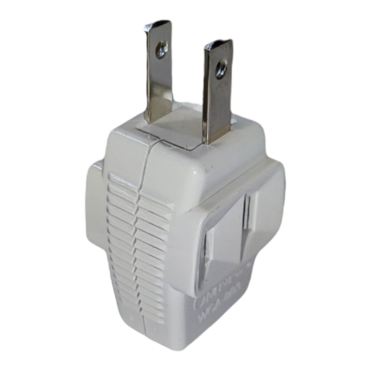 A white plastic US plug adapter with two metal prongs, shown on a plain white background.