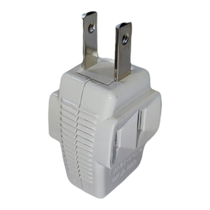 A white plastic US plug adapter with two metal prongs, shown on a plain white background.