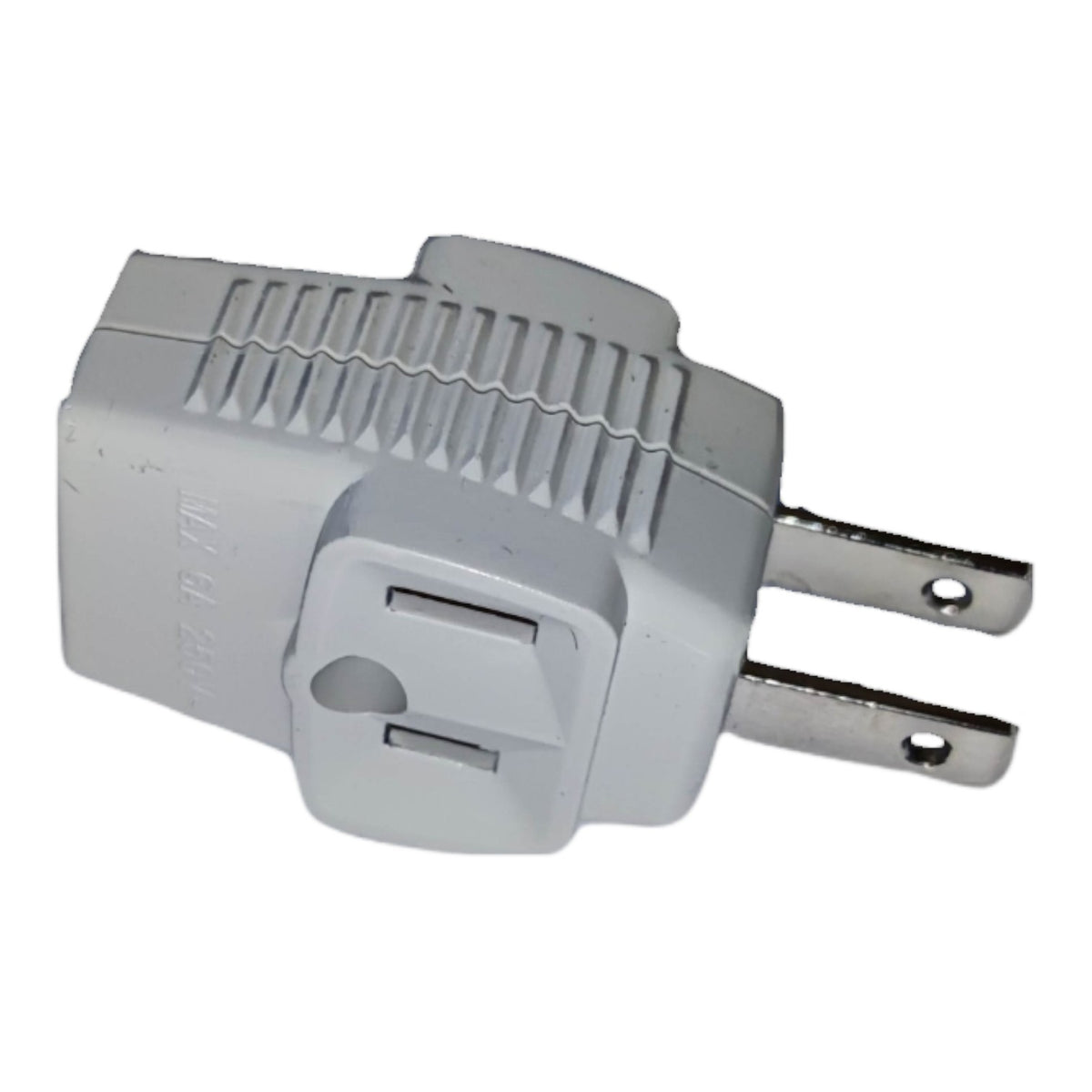 A light gray plastic US plug adapter with two metal prongs, shown on a plain white background.