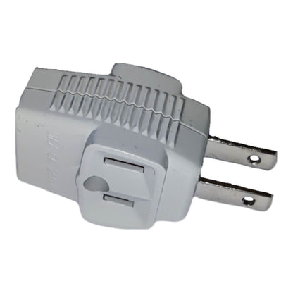 A light gray plastic US plug adapter with two metal prongs, shown on a plain white background.