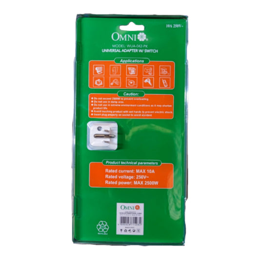 Green Omni Universal Adapter N/switch product packaging, showing the model WUA-0613-FN and technical specifications on a white background.