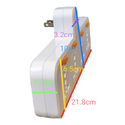 White multi-outlet power strip with overlaid dimension labels in multiple colors showing measurements such as 21.8cm, 10cm, 6.