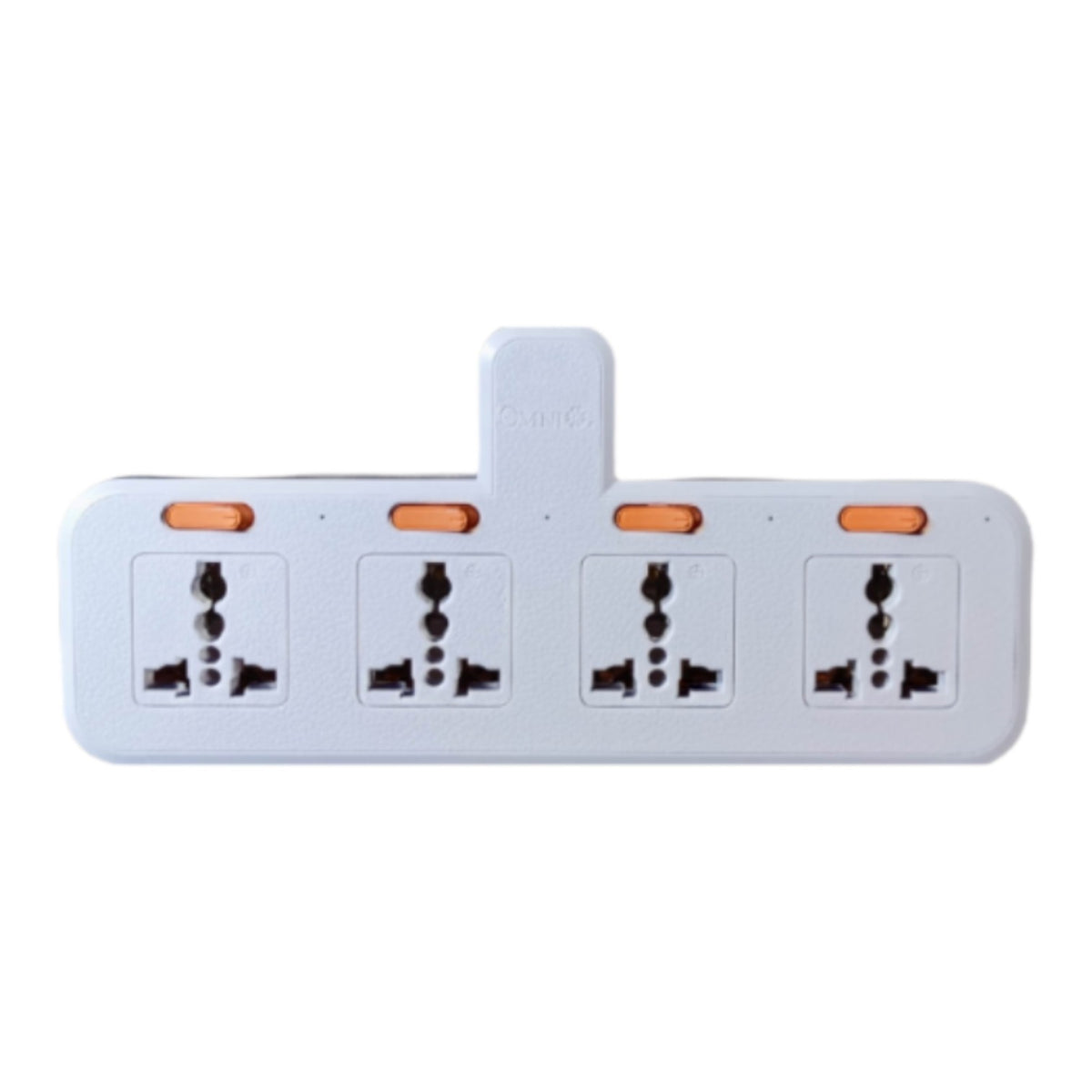 A white 4-outlet power strip with orange switch buttons, photographed against a solid white background.