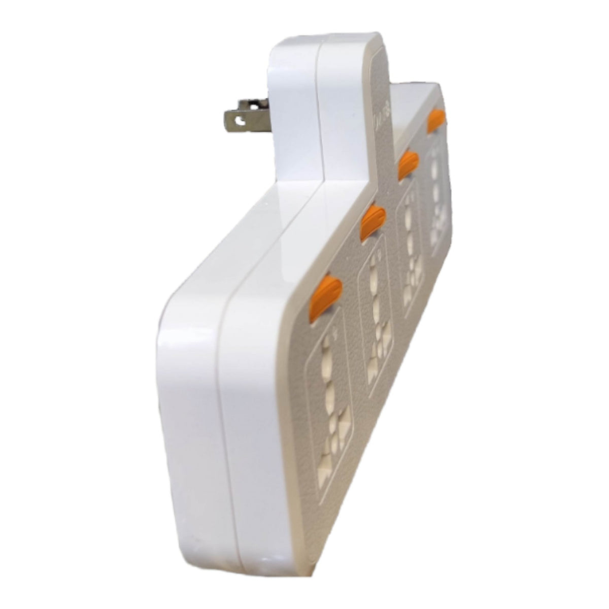 A white multi-outlet power strip with orange switch toggles and a silver three-pin plug, shown on a plain white background.