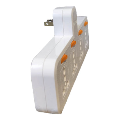 A white multi-outlet power strip with orange switch toggles and a silver three-pin plug, shown on a plain white background.