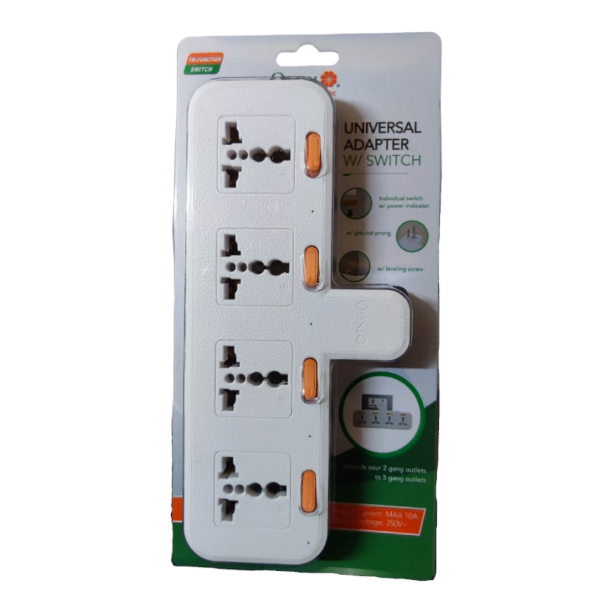 A 4-outlet universal adapter Wi-Switch in white plastic with orange toggle switches, shown in its original retail blister packaging against a white background.