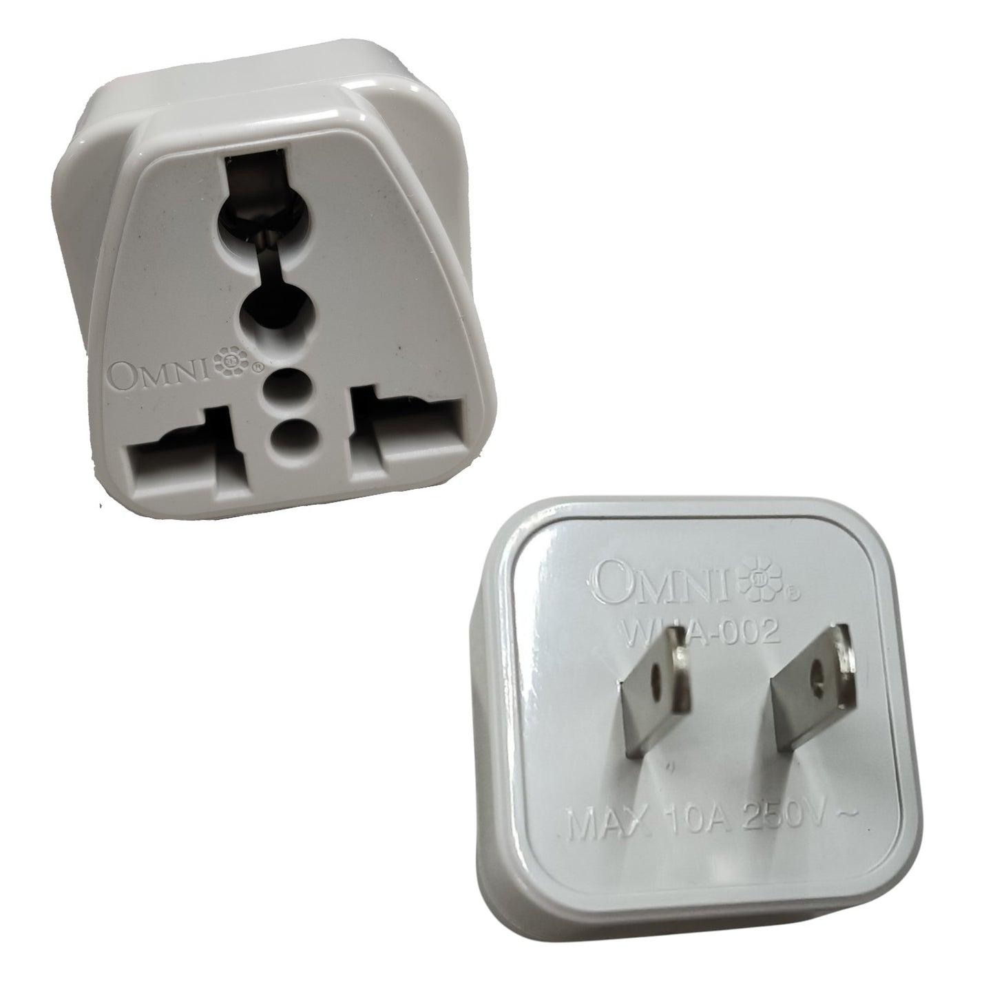Two views of a white Omni travel plug adapter with metal prongs, shown on a plain white background.