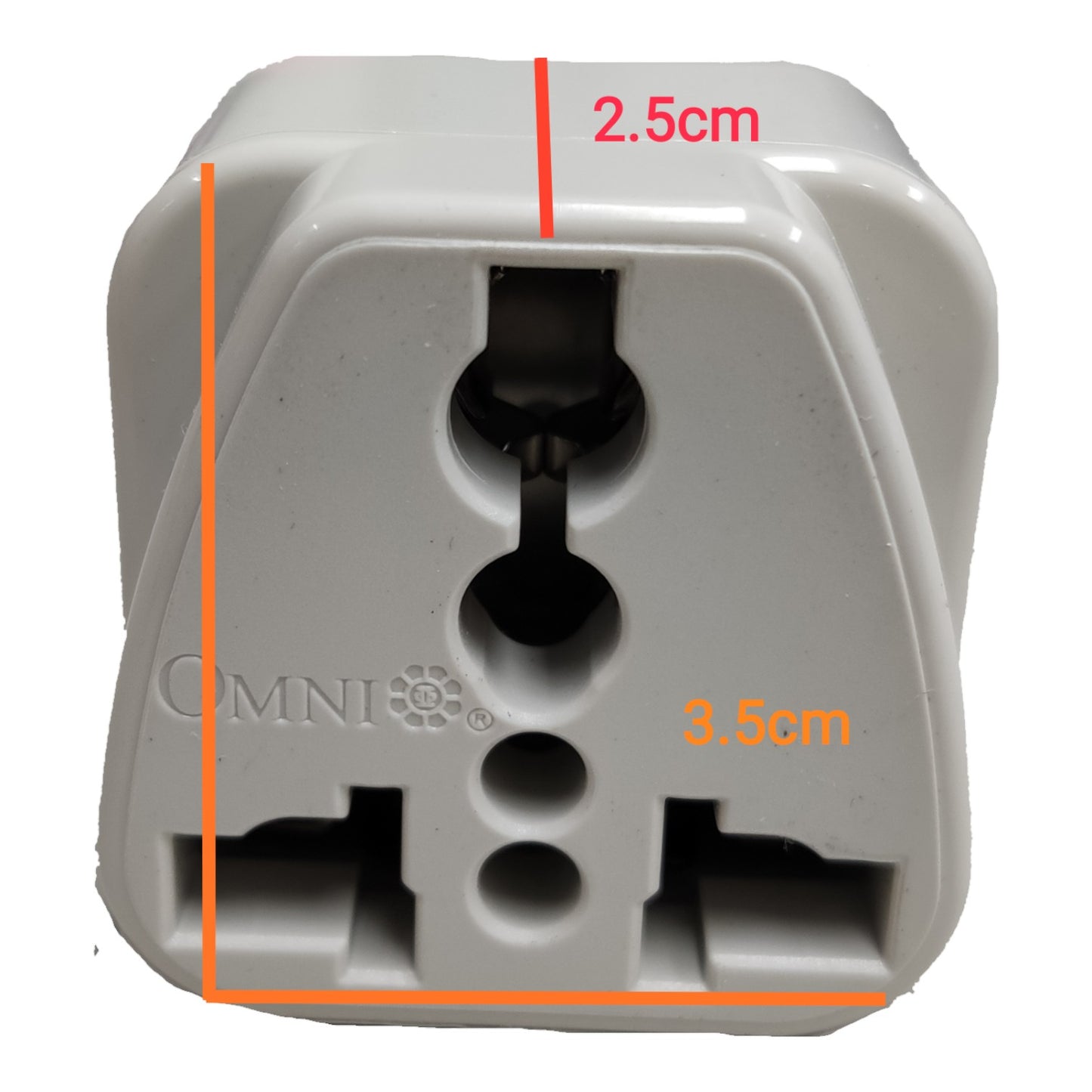 A white plastic UK three-pin plug shown from the front with dimension annotations: 2.5cm at the top, 3.