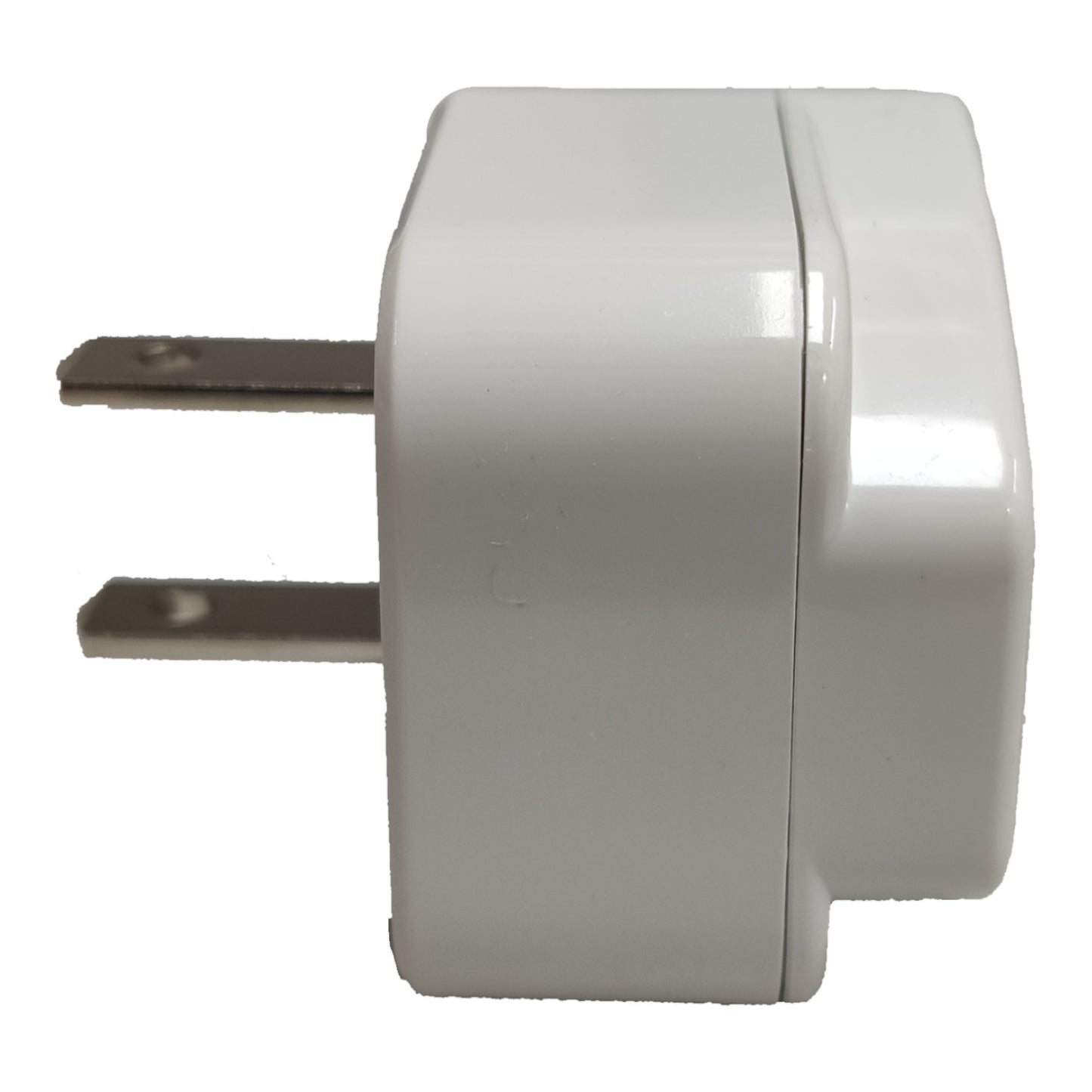 A white plastic wall charger plug adapter with two flat metal prongs, shown from a side profile view against a plain white background.
