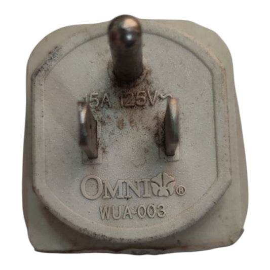 An Omni WUA-003 125V 15A wall plug adapter with a square-shaped beige plastic housing and two metal pins, shown against a plain white background.