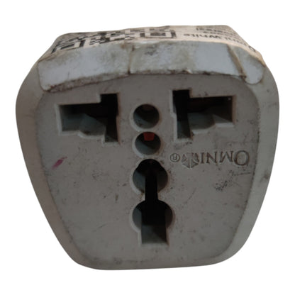 A white Omnilight travel plug adapter with a molded plastic body, featuring a three-pin UK style socket on one side and a three-pin French style socket on the other, shown against a plain white background.