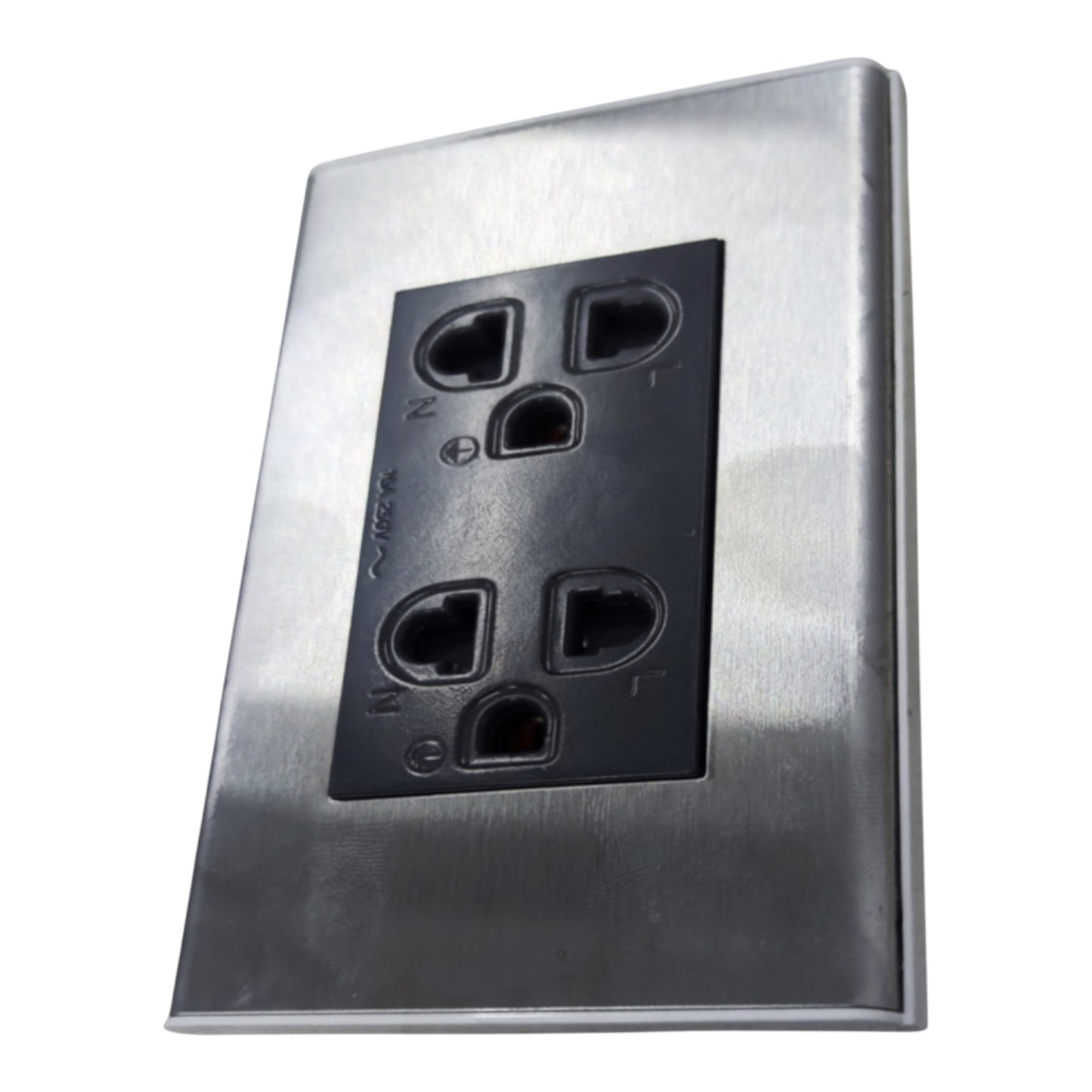 A brushed stainless steel outdoor duplex outlet cover plate with a black plastic insert, shown at an angle on a white background.