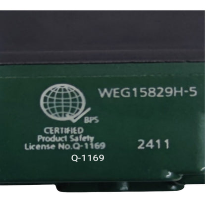 Close-up of a dark green industrial electronic module with white printed text and certification details, including 'WEG15829H-5', 'BPS Certified Product Safety', and '2411'.