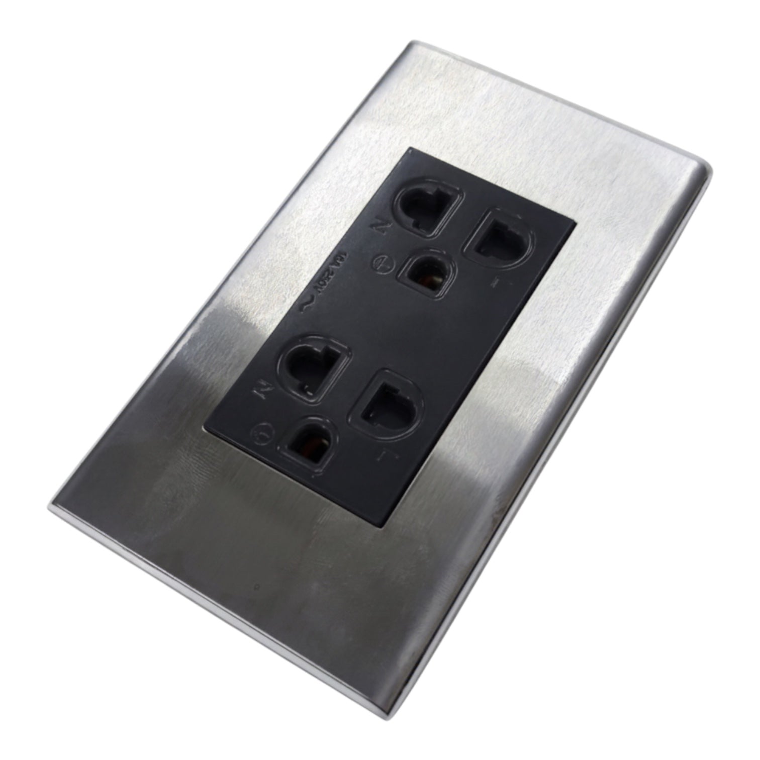 A brushed stainless steel electrical outlet cover plate with a black double outlet insert, shown at an angle on a white background.