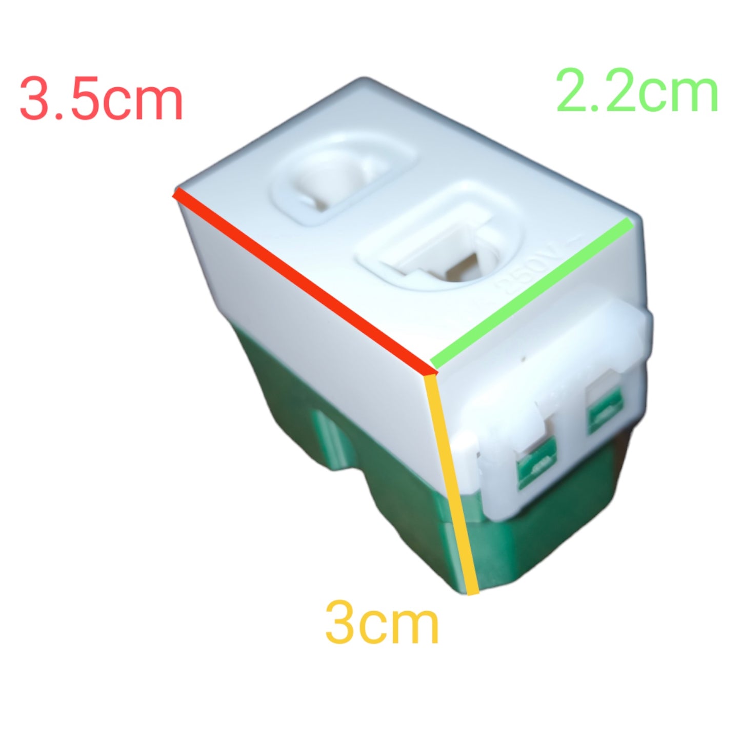 A small plastic connector or adapter shown on a plain white background with colored measurement labels and lines indicating dimensions 3.5cm, 2.