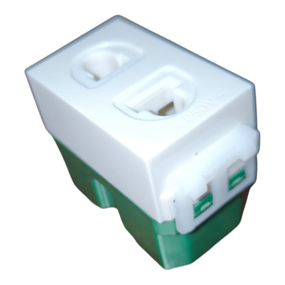 A plastic electrical outlet adapter or connector with a white top section featuring two outlets and a green bottom section, shown on a plain white background.