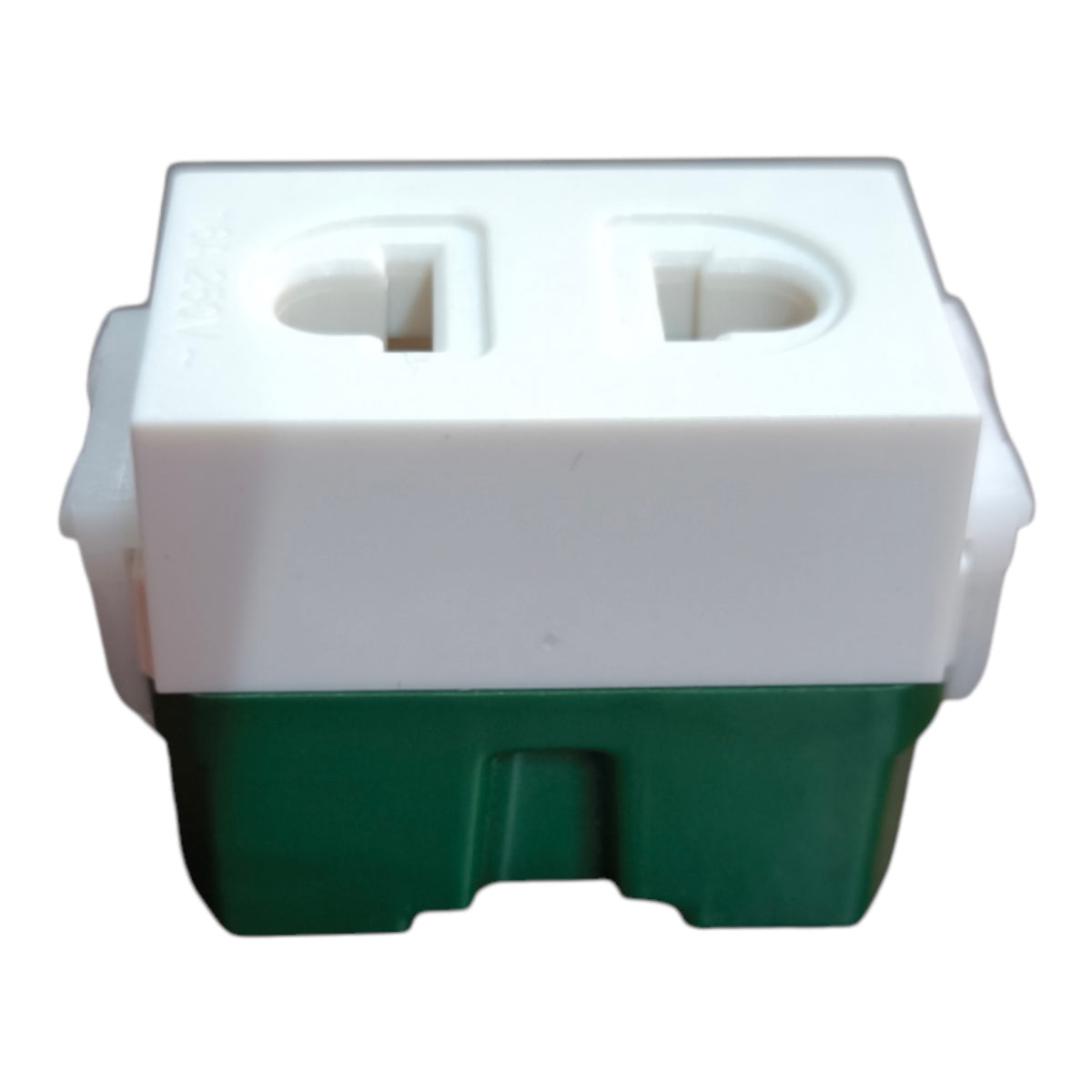 A two-tone plastic electrical outlet cover plate with a white top section featuring two recessed sockets and a dark green bottom section.