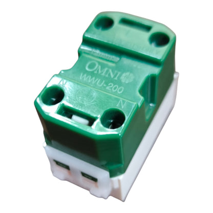 An Omni World WWJ-200 plastic terminal block connector with a green top housing and white base, shown on a plain white background.