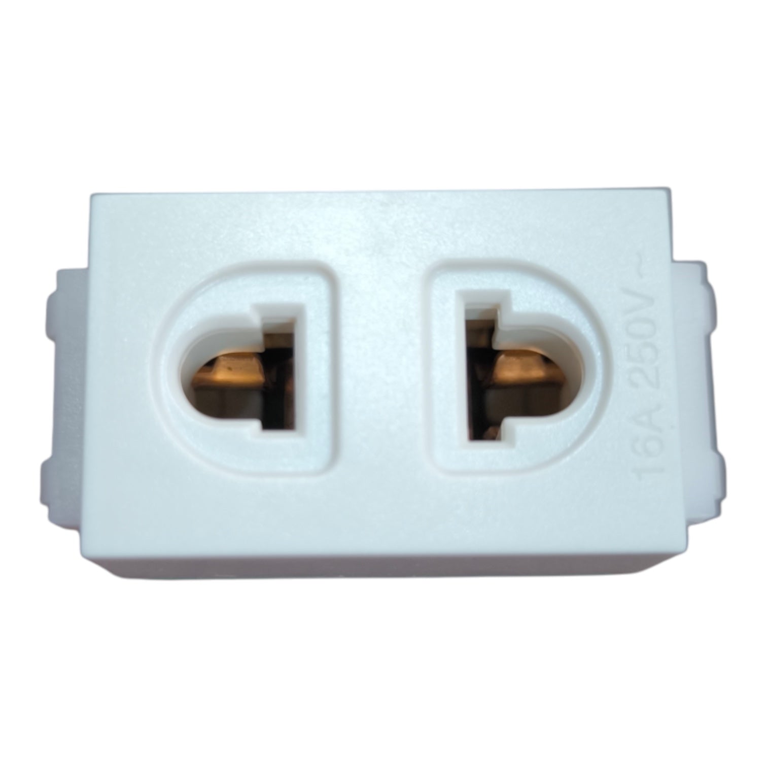 A white plastic dual outlet power adapter with two standard UK-style sockets, featuring gold-toned metal contacts and '16A 250V' printed on the side, shown against a plain white background.