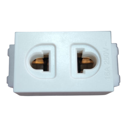 A white plastic dual outlet power adapter with two standard UK-style sockets, featuring gold-toned metal contacts and '16A 250V' printed on the side, shown against a plain white background.