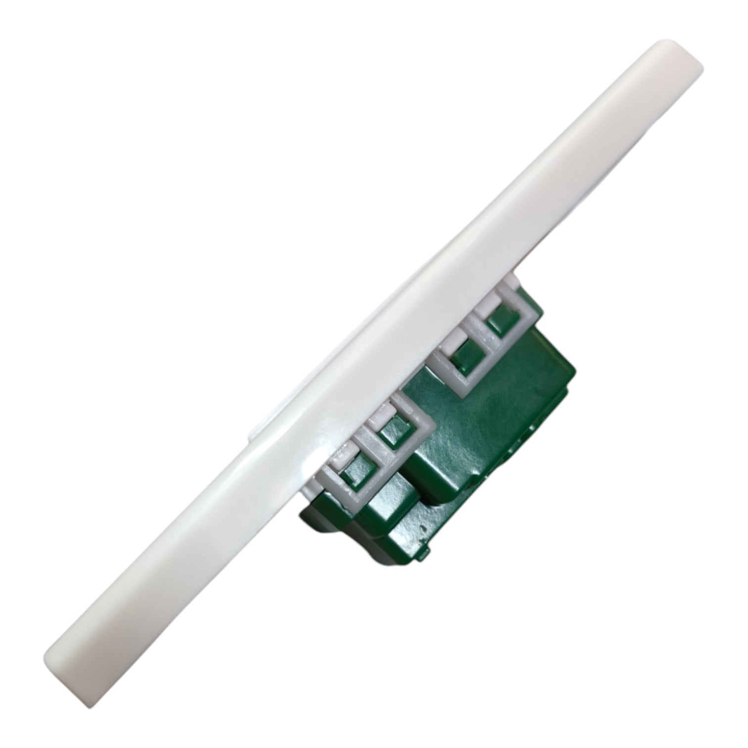 A white plastic mounting bracket or clip with a green plastic base and white metal screw terminals, shown on a plain white background.