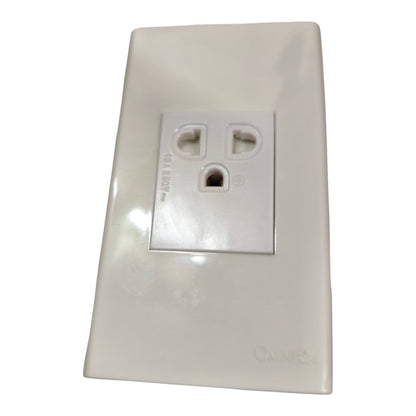 A white plastic double outlet electrical wall socket cover plate with a recessed center panel, shown on a plain white background.