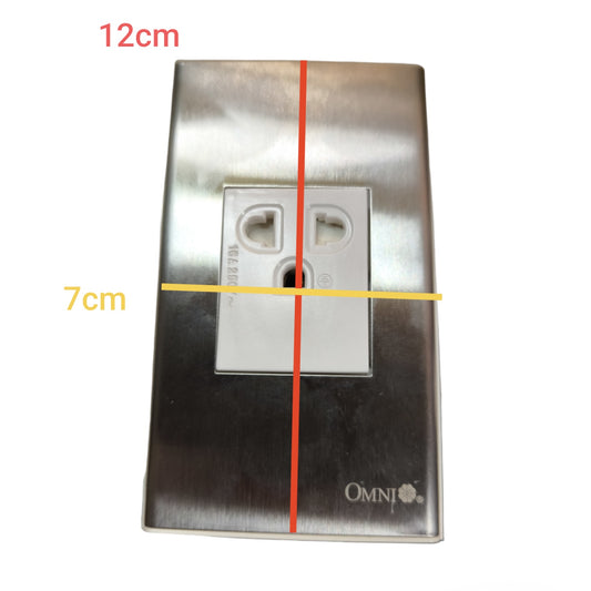 A brushed stainless steel wall outlet cover plate with overlaid dimension lines showing 12cm height and 7cm width on a white background.