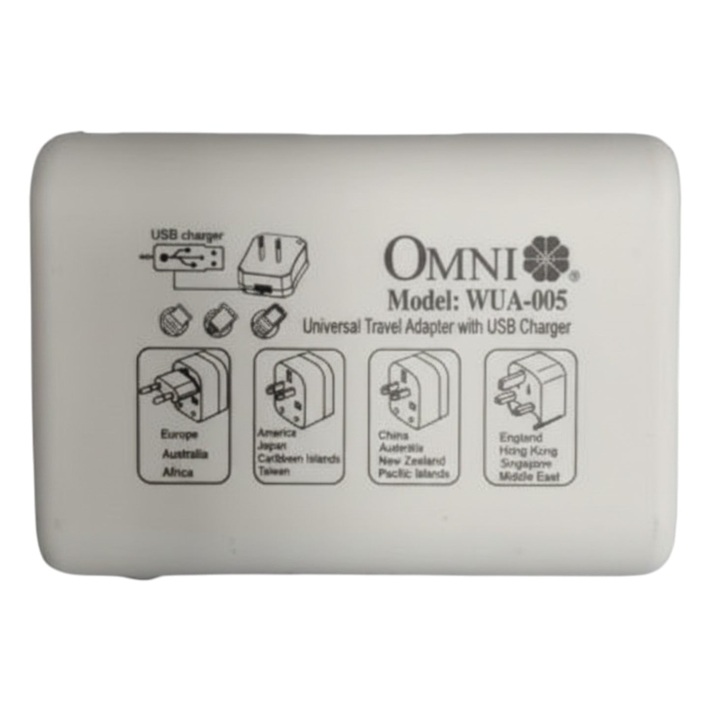 OMNI universal travel adapter with USB charger on a white background Omni Universal Travel Adapter with USB Charger WUA-005-PK 4 Variance Electx Electrical Supply