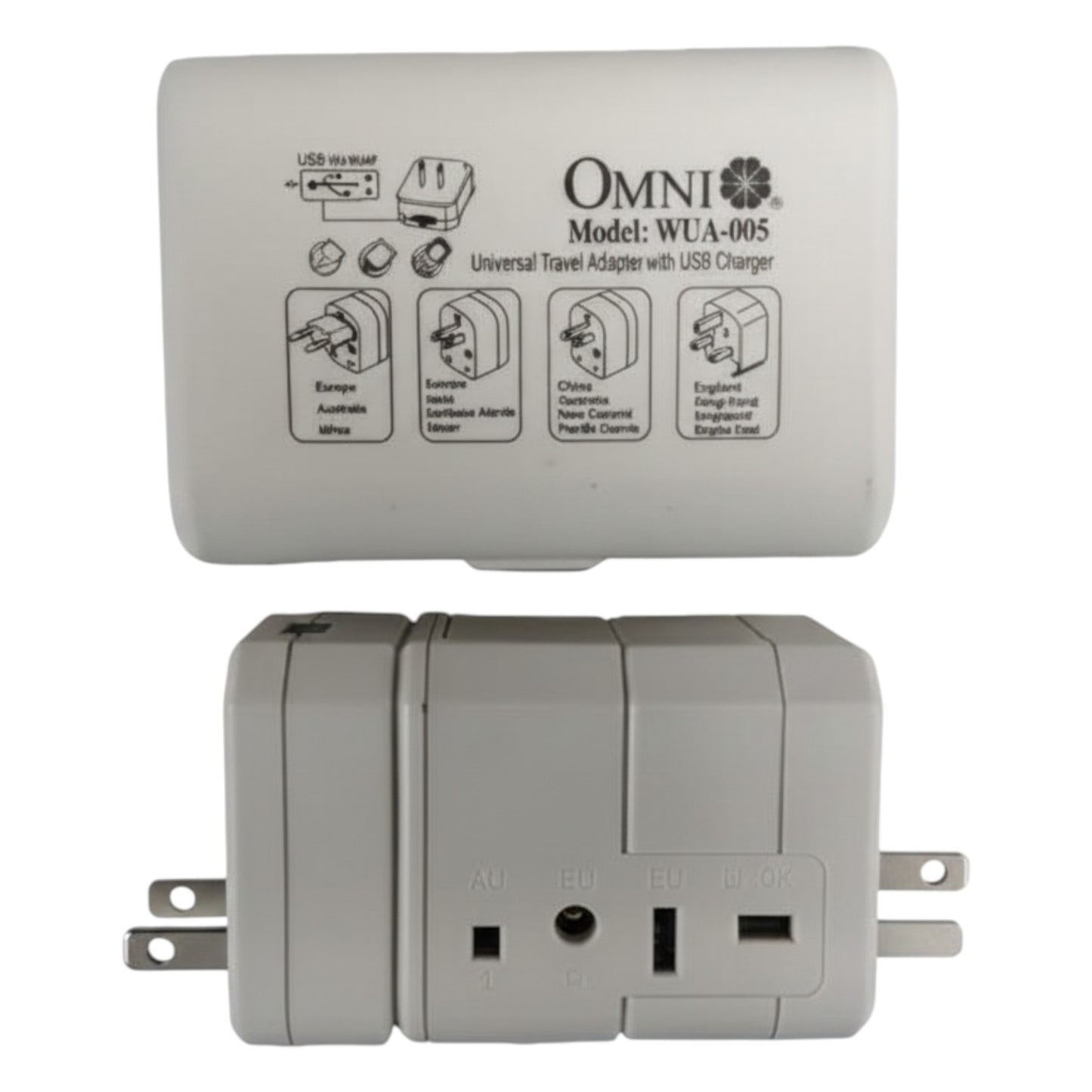 OMNI universal travel adapter with USB charger on a white background Omni Universal Travel Adapter with USB Charger WUA-005-PK 4 Variance Electx Electrical Supply