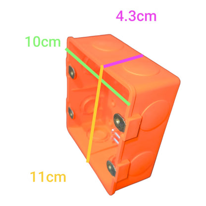 An orange plastic electrical junction box shown on a white background with colored measurement lines and labels indicating dimensions of 10cm, 11cm, 4.3cm, and 10cm.