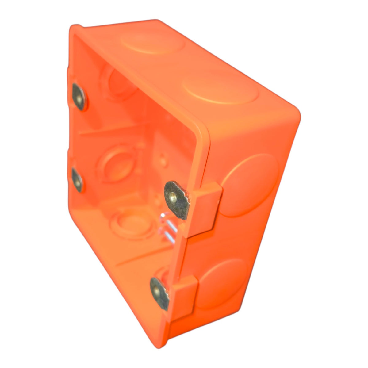 Bright orange plastic electrical junction box with pre-drilled screw terminals and circular mounting holes, shown on a plain white background.