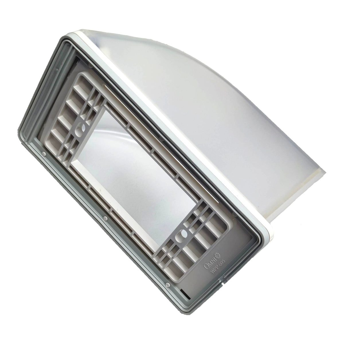 A square outdoor LED light fixture with a white translucent dome and a gray protective frame, shown at an angle on a white background.