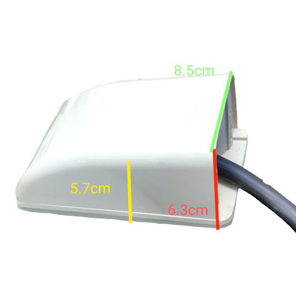A white rectangular plastic device with a curved top and a black cable exiting one side, shown on a white background with overlaid dimension lines and text reading 8.5cm, 5.