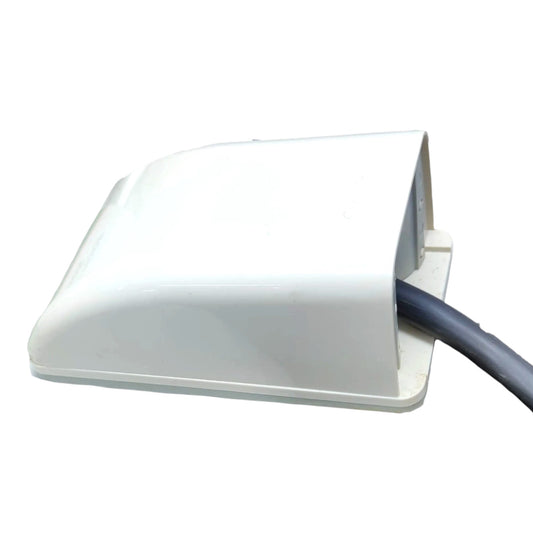 A white plastic cable gland or conduit cover with a dark gray cable exiting from the side, shown on a plain white background.